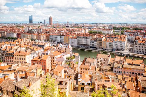 Aerial cityscape view with beautiful old buildings and Rhone river in Lyon city